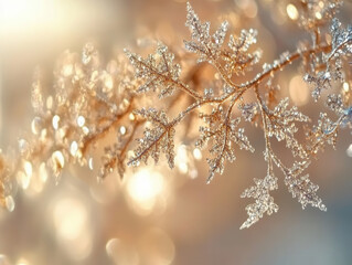 Close-up of delicate snowflakes glistening in the sunlight, macro photography, high detail, frozen crystals reflecting warm golden rays, sharp focus with soft bokeh background 