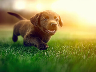 Golden retriever puppy running through a sunlit meadow, soft focus background, natural golden hour lighting, motion blur on grass, joyful expression, ultra-realistic fur details 