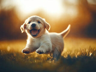 Golden retriever puppy running through a sunlit meadow, soft focus background, natural golden hour lighting, motion blur on grass, joyful expression, ultra-realistic fur details, 