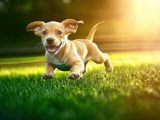 Golden retriever puppy running through a sunlit meadow, soft focus background, natural golden hour lighting, motion blur on grass, joyful expression, ultra-realistic fur details 