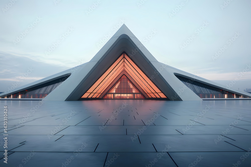 Aufkleber 三角形の未来的な建築物 幾何学的なデザインとコンクリートの床が夕暮れ時の空に映える モダンな外観とミニマルな構造が特徴的