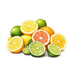 Fototapeta premium Fresh Assortment of Citrus Fruits Including Oranges, Lemons, Limes, and Graphes on White Background