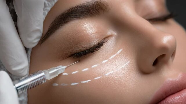 Woman receives cosmetic filler injection under eye using a syringe during cosmetic procedure in salon. Beautician at work.