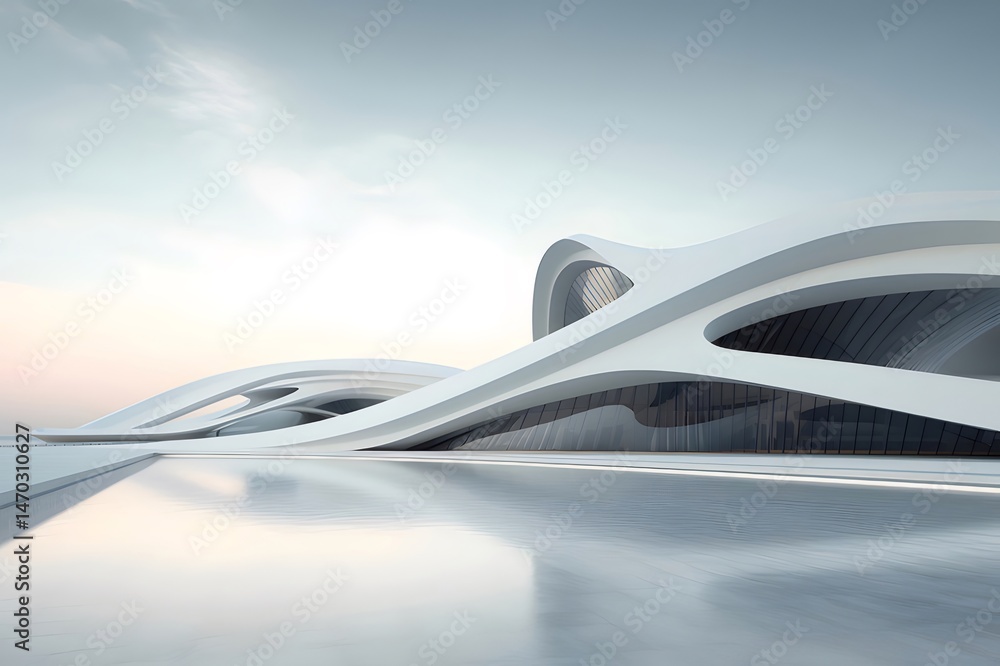 Aufkleber 未来的な白い抽象構造 反射と空を備えた現代建築の3Dレンダリング 未来的な建物構造の幾何学的詳細 スムーズな曲線と白い背景を備えた革新的なデザイン