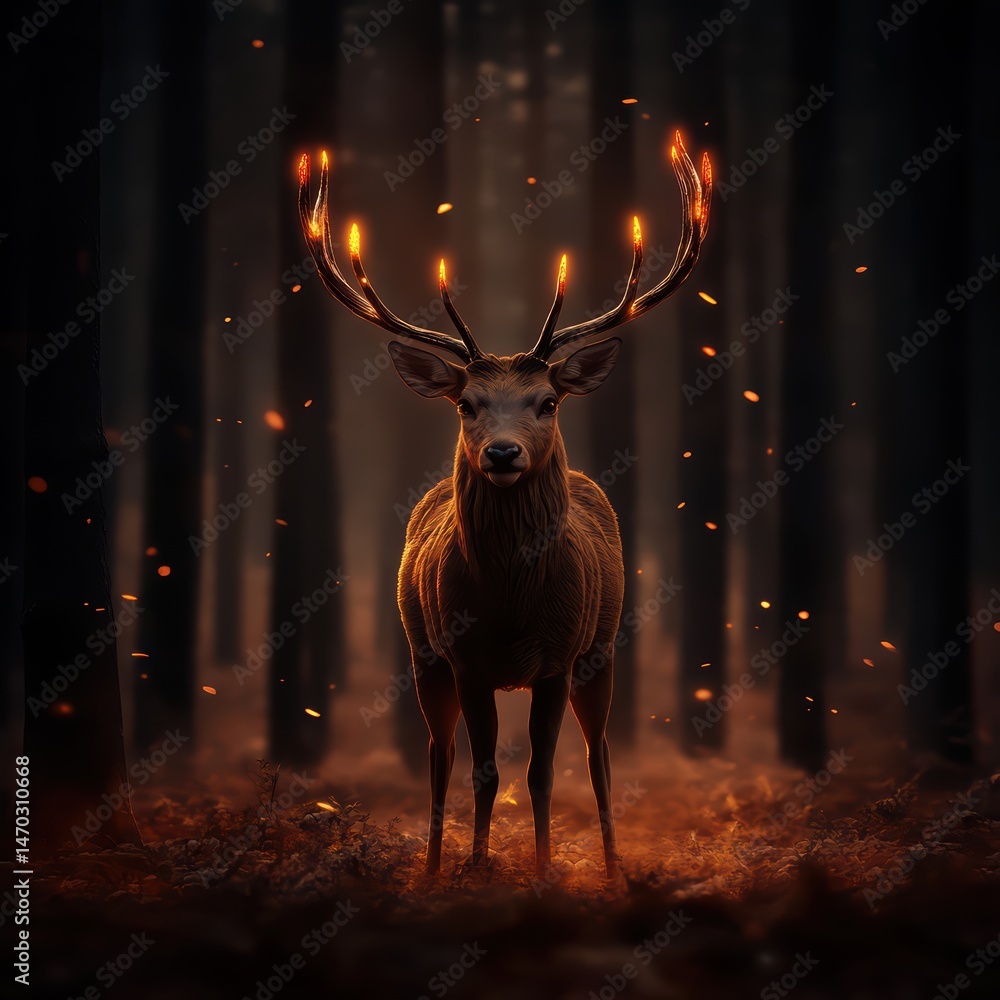Poster majestic stag in a mystical forest glowing with warm light during twilight hours creating an enchant