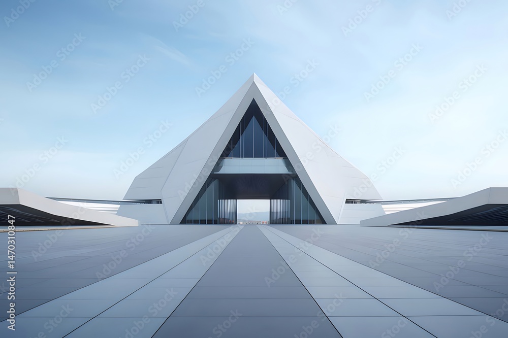 Aufkleber 現代的な白い幾何学的建物の外観 抽象的な都市デザインの構造 空を背景にミニマルな三角形の形状とコンクリートの質感
