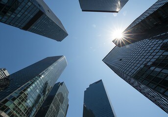 The urban landscape is defined by the towering skyscrapers with their reflective glass surfaces, seen from a low angle towards the bright sun