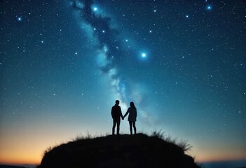 Fototapeta premium Couple enjoying a romantic moment under a starry sky on a hilltop at dusk