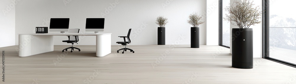 Poster modern office space with sleek desk and minimalist design elements