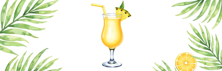 piña colada cocktail illustrated watercolor image featuring creamy tropical drink goblet glass