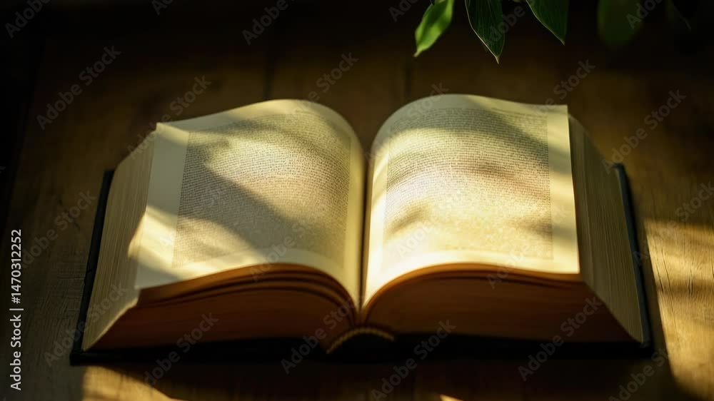 Poster an open book sits on a wooden table, waiting to be read