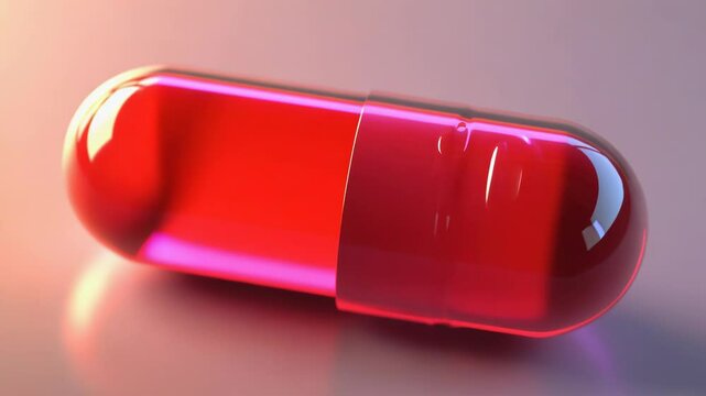 A single red pill sits on top of a table