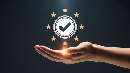 Elevated Quality: A digital depiction of a hand gracefully cradling an emblem of excellence and reliability, set against a contemporary backdrop.