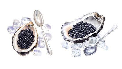 Black caviar in oyster shell with spoon on pieces of crushed ice, watercolor clipart illustration with isolated background.