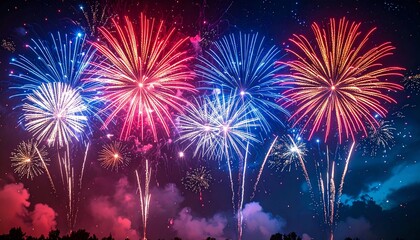 Fototapeta premium Vibrant night sky filled with red, white, and blue fireworks bursting above a city skyline, glowing stars and sparkles, fireworks over the river, fireworks in the night sky