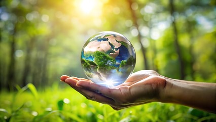 Hand Holding Crystal Globe Showing Green Earth in Sunny Nature