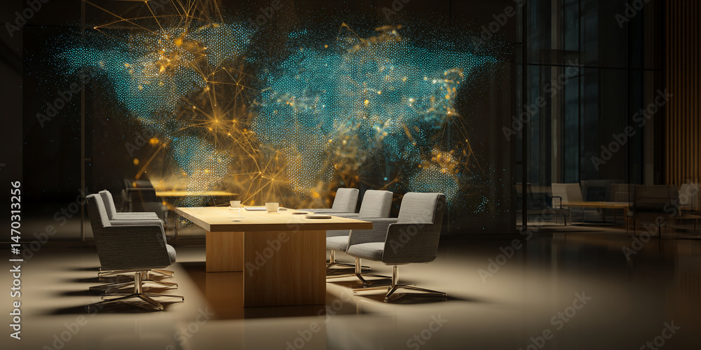 Poster modern conference room with wooden table and chairs, featuring a world map network projection on the