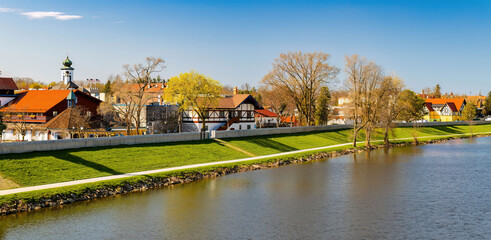 Fototapeta premium Frankenmuth Aerial View Along River on Sunny Day