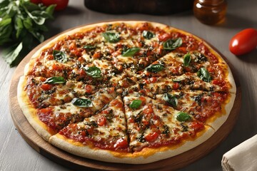 A classic Margherita pizza topped with fresh basil, mozzarella, and a drizzle of olive oil