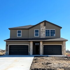 Two Story Suburban House with Two Garages and Clear Blue Sky Exterior