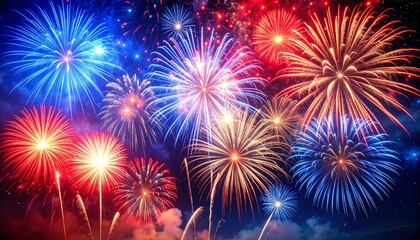 Naklejka premium Vibrant night sky filled with red, white, and blue fireworks bursting above a city skyline, glowing stars and sparkles, fireworks over the river, fireworks in the night sky