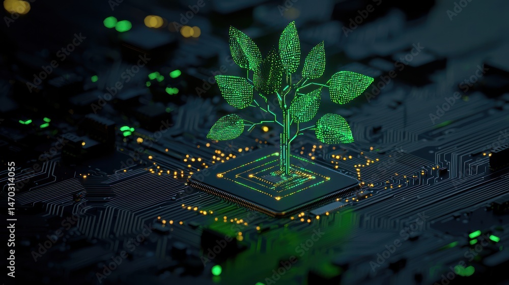 Aufkleber a digital tree grows on top of a computer motherboard
