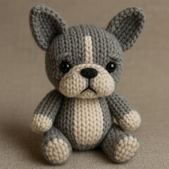 Charming handmade French Bulldog plush toy, knitted with gray and cream yarn, featuring upright ears, a serious expression, and a soft, cozy texture on a neutral background.