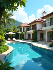 Fototapeta premium serene view sparkling swimming pool surrounded lush greenery front luxurious