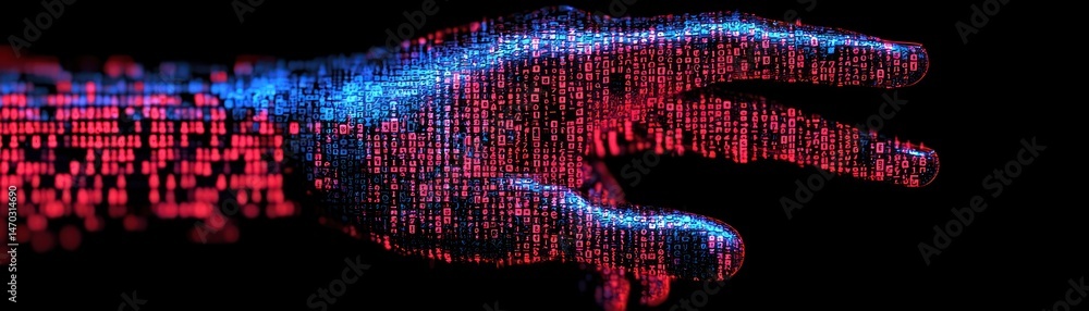 Poster A digital human hand composed of binary code with red and blue hues