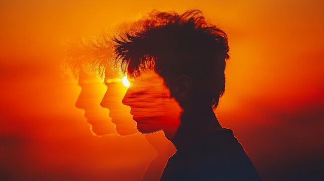 Double Exposure Abstract Portrait of a Male Face in Side View with Multiple Faces Overlaid, Featuring Red and Blue Gradient on a Pastel Background, Symbolizing Identity and Emotion