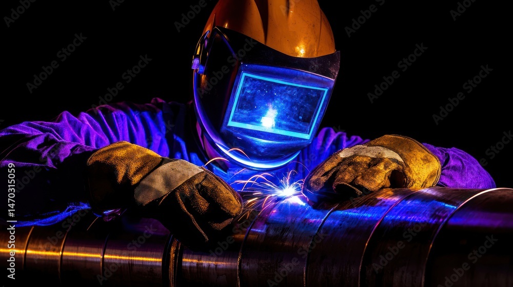 Poster a welder is creating sparks on a metal industrial pipe
