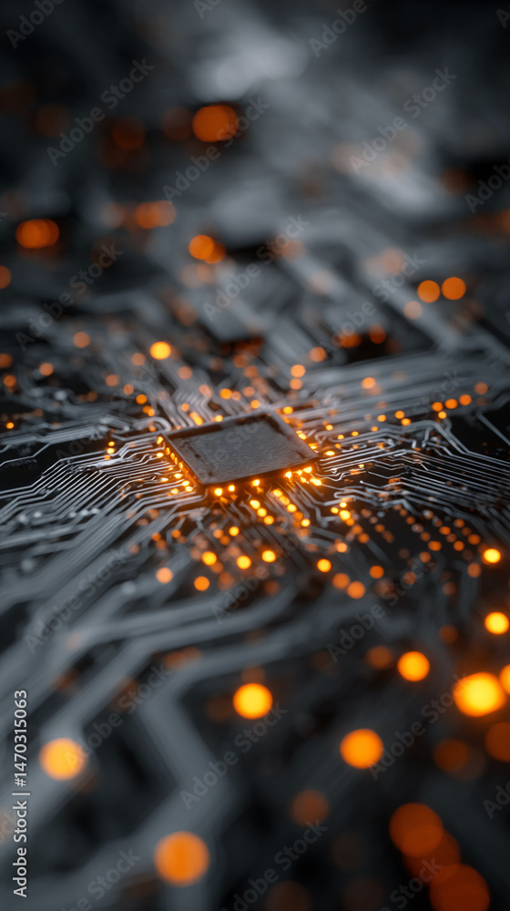 Poster close-up of illuminated circuit board, showcasing intricate pathways and central processor, symboliz