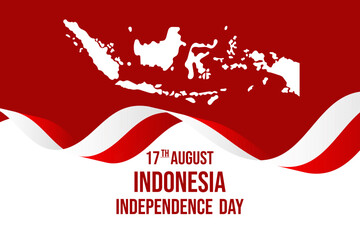 
Independence Day background design featuring an Indonesia map, a wavy vector flag, and the text "17 August Indonesia Independence Day".