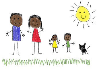 Family drawing elementary sketch with cat and sun 
