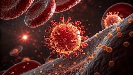 cell, vessel and disease concept. Microscopic view of virus interacting with blood cells.