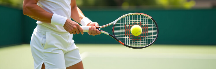 tennis player grasps racket one hand hitting ball outdoor tennis court