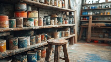 A workshop corner with a vintage feel, shelves stacked with old paint cans, and a dusty wooden stool 
