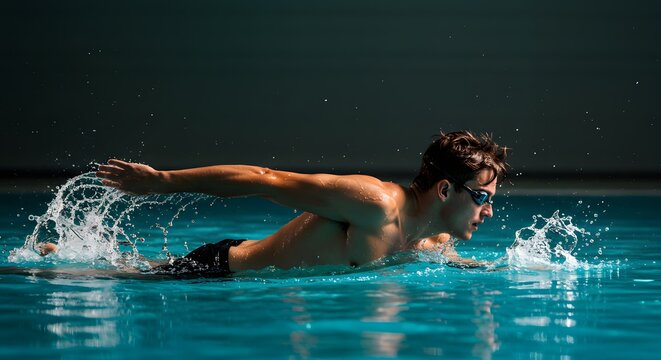 Athletic Man Swimming Butterfly Stroke in Indoor Pool