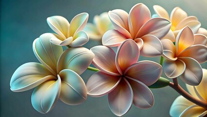 Radiant plumeria flowers with soft gradient petals in shades of white, yellow, and pink
