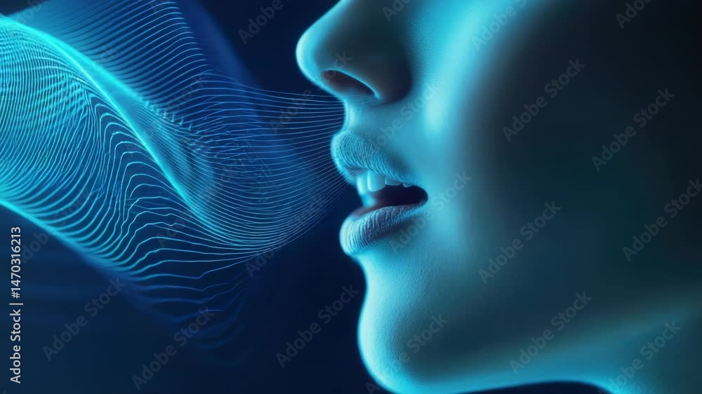 Poster a close-up shot of a person's face against a calm blue background, ideal for use in presentations, s