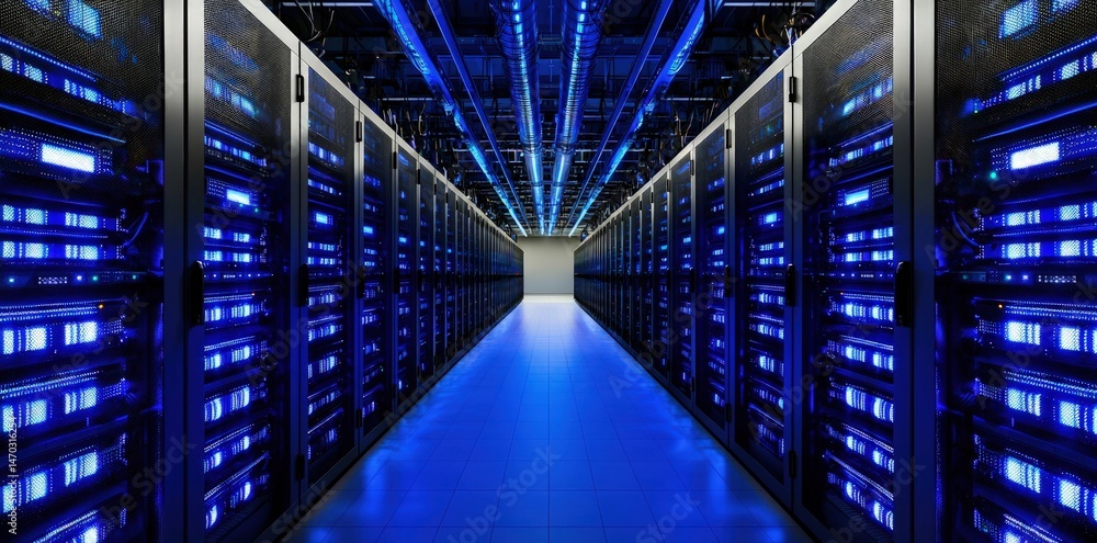 Poster Close-up of data server racks with glowing blue systems in a high-security data center, excellent for illustrating modern cloud infrastructure and IT services