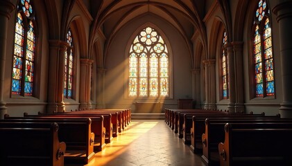 A serene church interior, sunlight streaming through stained glass windows , church, sunlight