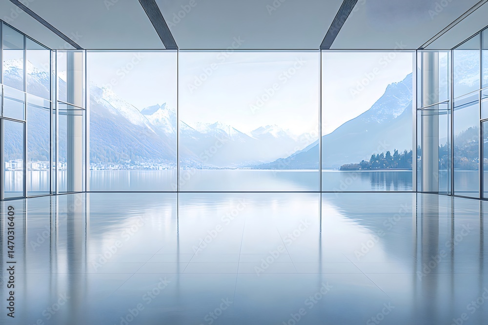 Aufkleber 湖の景色を望む現代的な室内空間 雪山背景 冬の自然美 クリアな水面 反射する光 穏やかな山の景色 透明感あふれる屋内空間