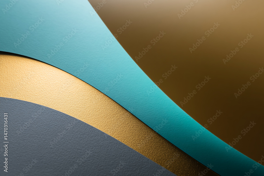 Poster Abstract image of teal, gold, and gray textured paper overlapping in curved lines creating a modern, elegant design suitable for background or mockup