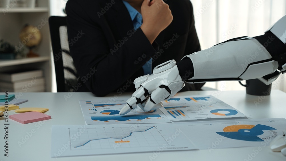 Poster a robot arm engages with charts and graphs during a business meeting, illustrating the integration o
