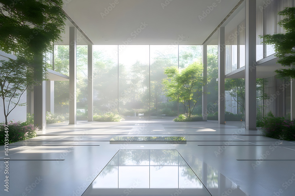 Aufkleber 自然光が差し込むミニマルな建築のインテリア デザインと水面反射と緑豊かな庭の背景