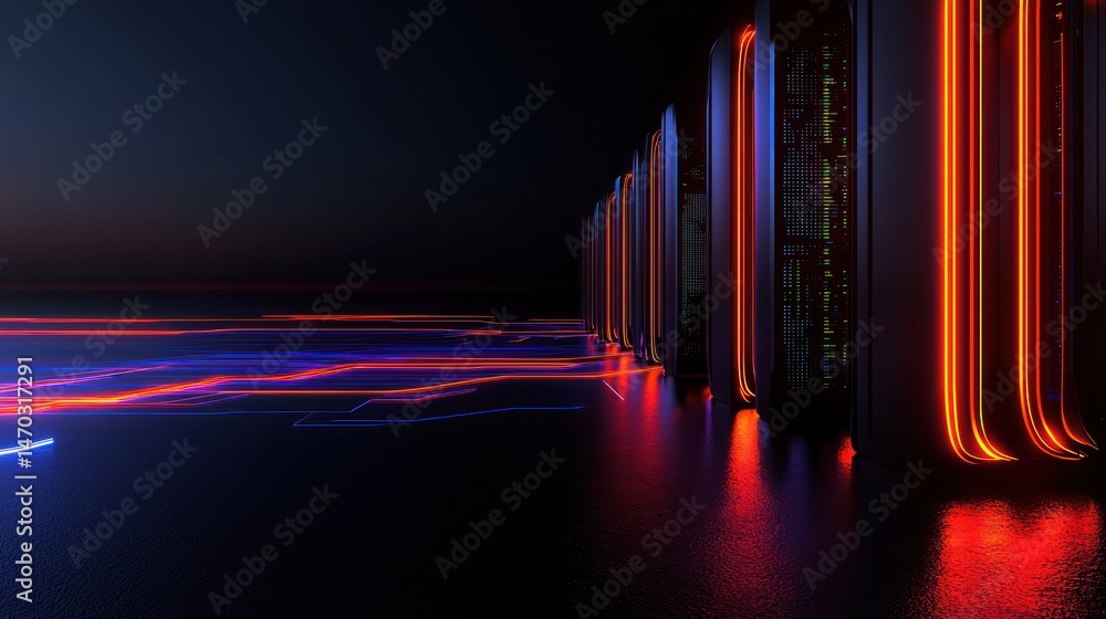Poster rows of data servers with light trails and glowing orange accents