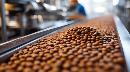 Fototapeta premium Conveyor belt with brown nuts in industrial factory setting