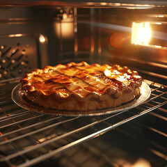 Golden pie baking in oven with warm light