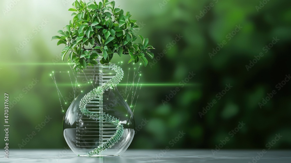 Poster A leafy tree emerging from a flask with DNA structure